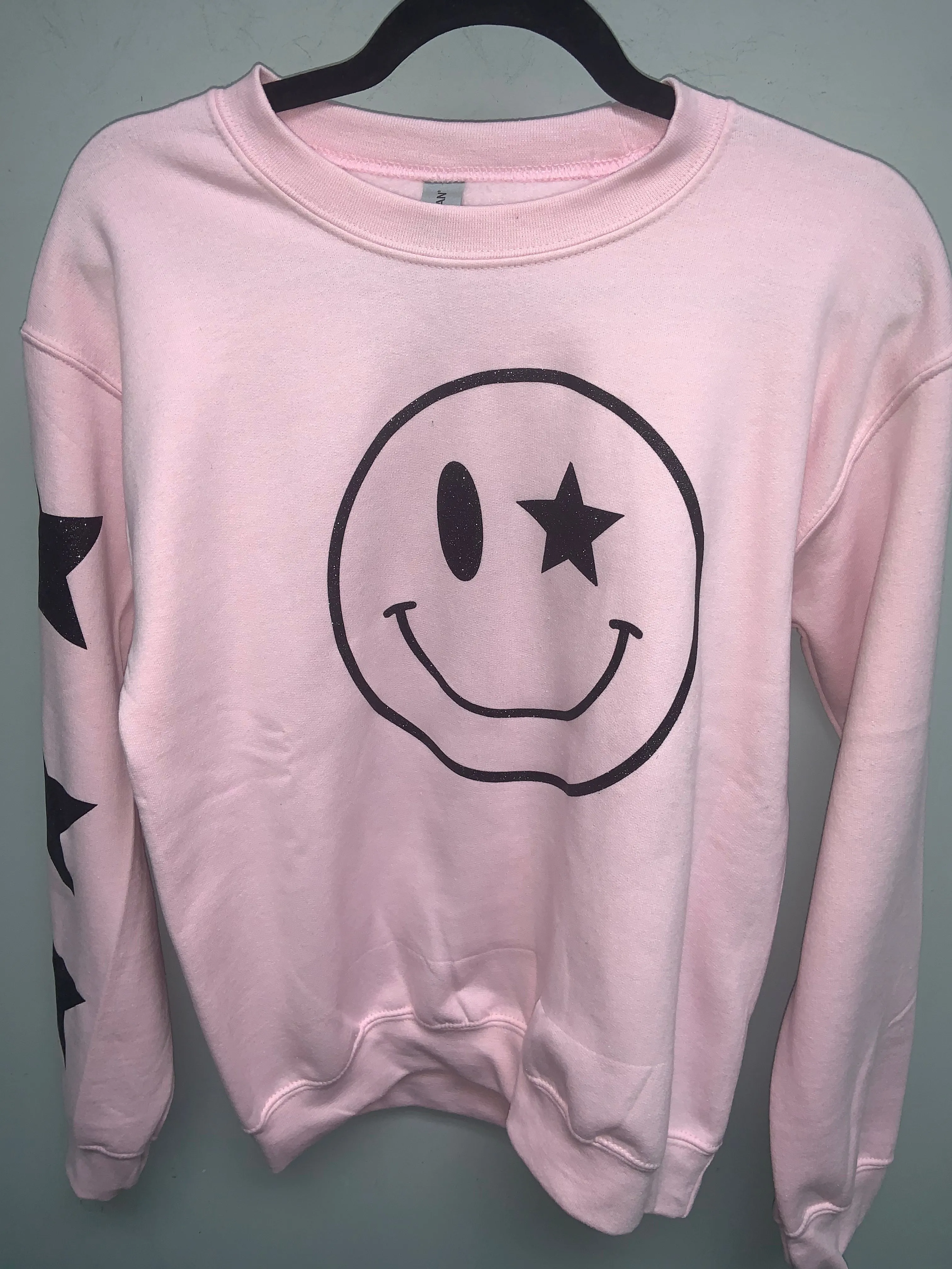 Black Glitter Happy Star Sleeve Sweatshirt - Black, Neon Pink or Light Pink