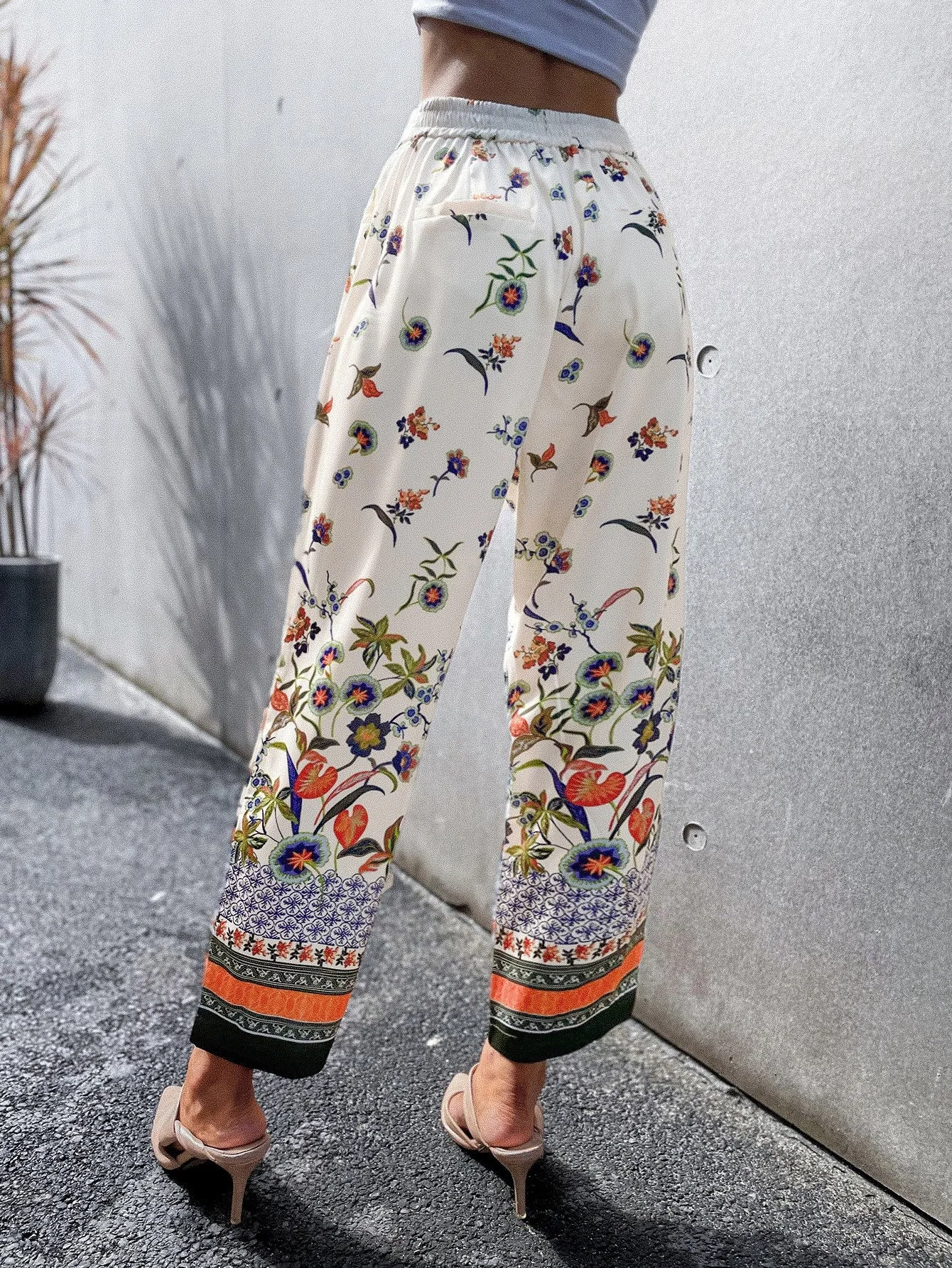 Boho Floral Pocket High Waist Cropped Women Pants