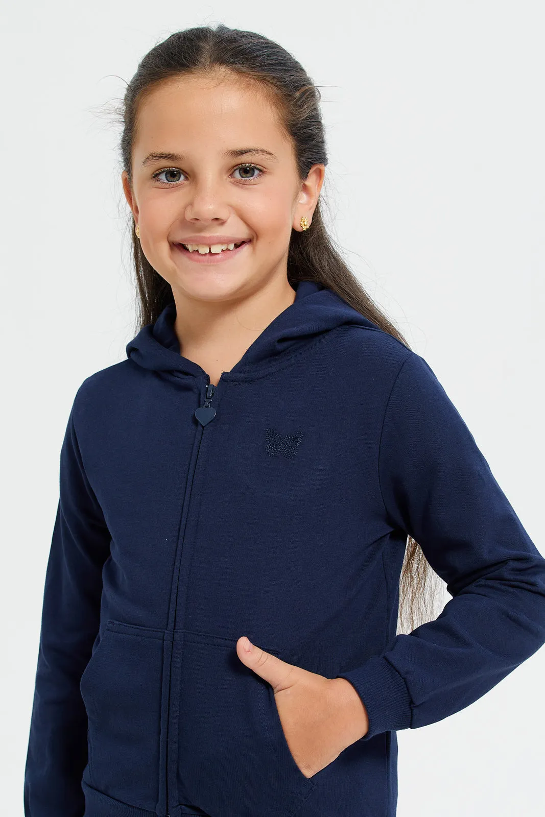 Girls Navy Zip Thru Hooded Sweatshirt