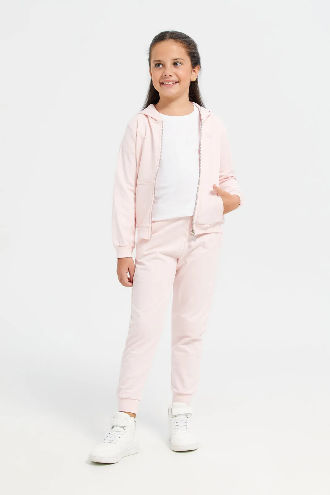 Girls Pink Zip Thru Hooded Sweatshirt