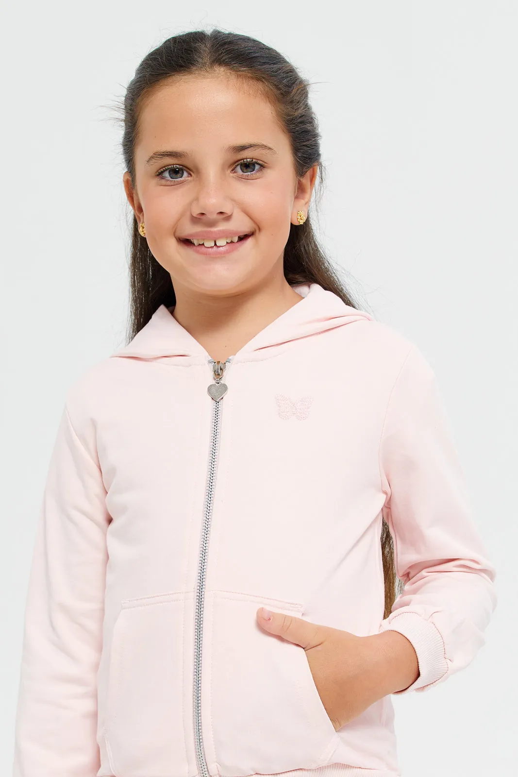 Girls Pink Zip Thru Hooded Sweatshirt