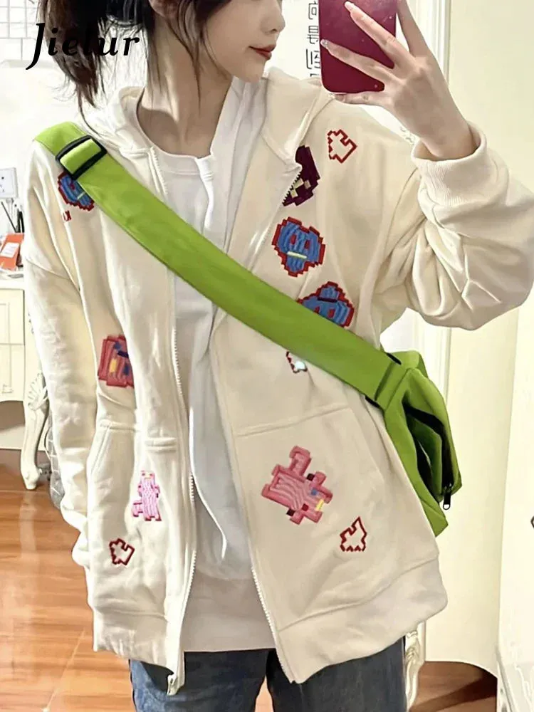 Metaversmall Chic Embroidery Apricot Loose Women's Hoodies Simple Basic Zip-up O-neck Pockets Winter Fashion Casual Female Sweatshirts