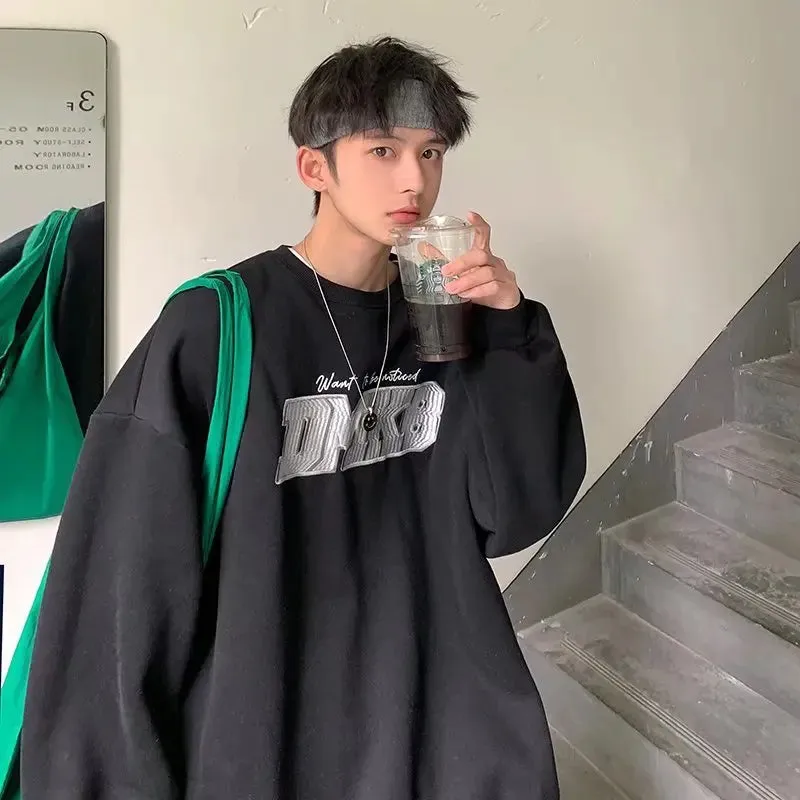 Wiaofellas  -  Loose and Simple Round Neck Sweatshirt Autumn and Winter Plus Velvet Sweater Men's Pullover Sweatshirt Casual Sweater